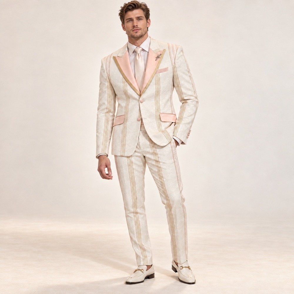 Barabas Suit Set Floral Jacquard Pink White Gold Mens 38R 32 Slim Fit BL3006-1#